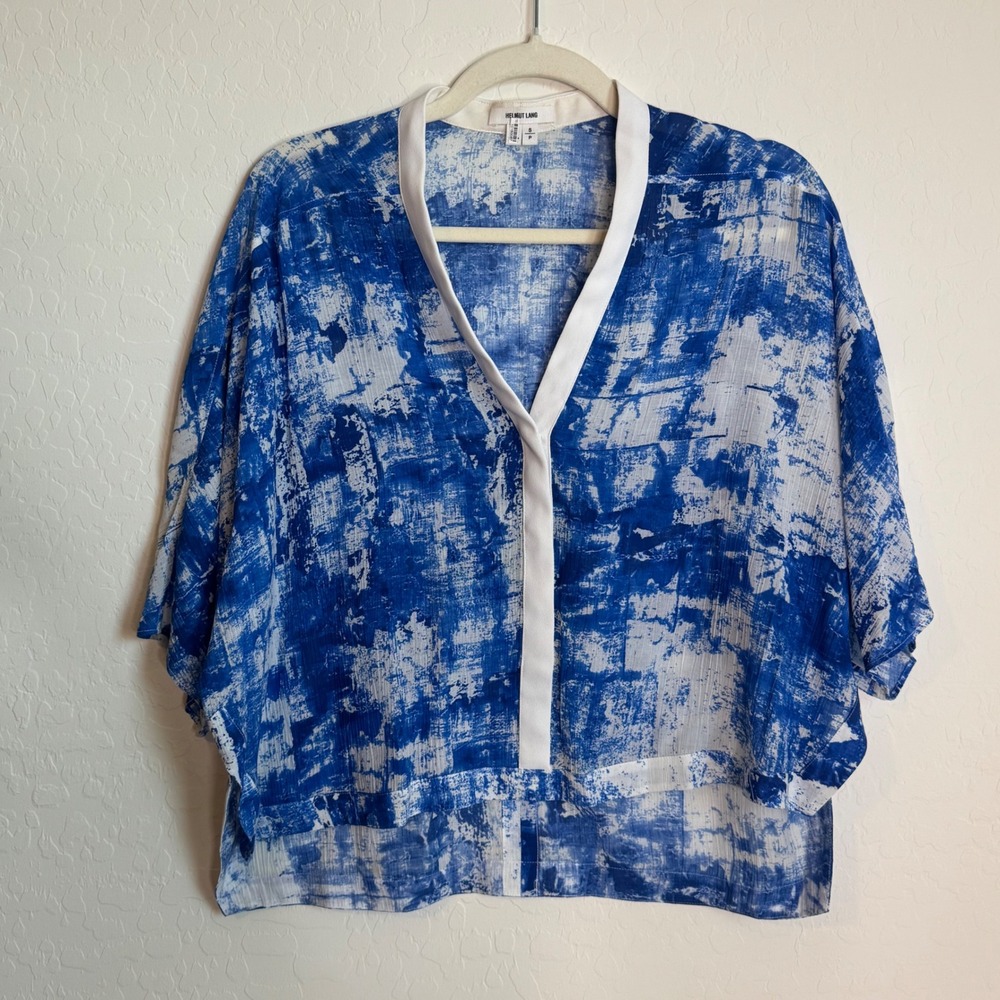 Helmut Lang Blue White Abstract Print‎ Oversized Blouse V-Neck S Artsy Boho